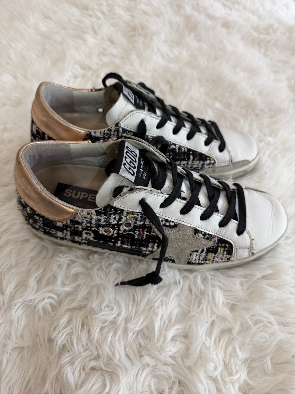 Golden Goose White Leather & Tweed Sneakers with Rose Gold Heel Size 37 US 7